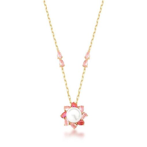 COLAR COM PINGENTE DE FLOR COM PÉROLA E CRISTAIS +5CM