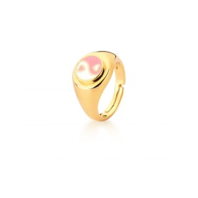 Anel Dedo Mínimo Ying-Yang Rosa e Branco Banhado a Ouro