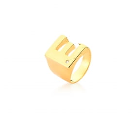 Anel Dedo Mínimo Letra "E" Liso com Ponto de Luz Banhado a Ouro