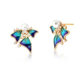 Brinco Borboleta Esmaltado Azul e Pérola Banhado a Ouro