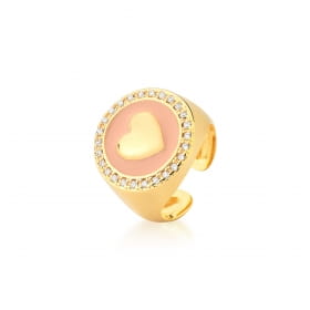 Anel Regulável Esmaltado Rosa e Coração Banhado a Ouro