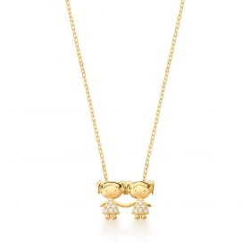 Corrente com Pingente Duas Meninas Branco Banhada a Ouro