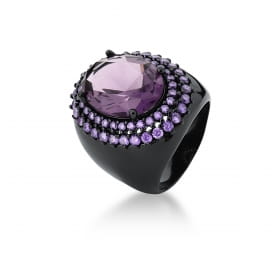 Anel com Cristal Oval Roxo Banhado a Ródio Negro