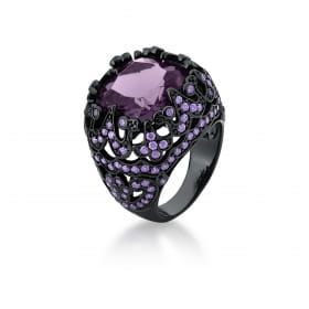 Anel com Cristal Quadrado Roxo Banhado a Ródio Negro