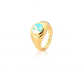 Anel Dedo Mínimo Ying-Yang Azul e Branco Banhado a Ouro
