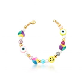 Pulseira e Pingentes Diversos Coloridos e Pérolas Banhada a Ouro