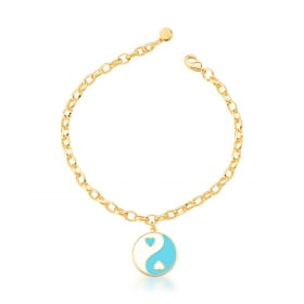 Pulseira com Pingente Ying-Yang Azul e Branco Banhada a Ouro