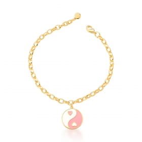 Pulseira com Pingente Ying-Yang Rosa e Branco Banhada a Ouro
