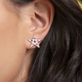 Brinco de Estrela Esmaltado Rosa e Colorido Banhado a Ouro