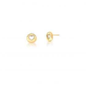 Brinco Redondo com Coração Vazado Branco Banhado a Ouro