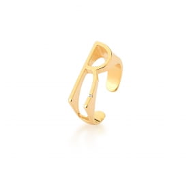Anel Regulável Letra "R" Liso com Zircônia Branca Banhado a Ouro