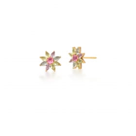 Brinco Flor com Zircônias Coloridas Banhado a Ouro