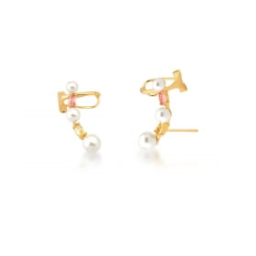 Brinco Ear Cuff Amarelo e Rosa com Pérolas Banhado a Ouro