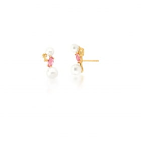 Brinco Zircônias Amarela e Rosa com Pérola Banhado a Ouro