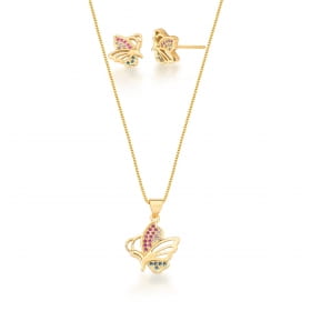 Conjunto Brinco e Corrente com Pingente Borboleta Banhado a Ouro