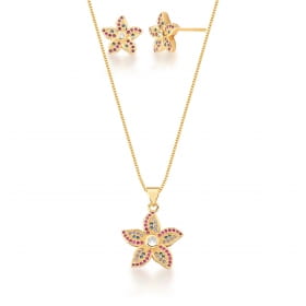 Conjunto Brinco e Corrente com Pingente Flor Banhado a Ouro