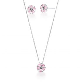 Conjunto Brinco e Corrente com Pingente Flor Banhado a Ródio
