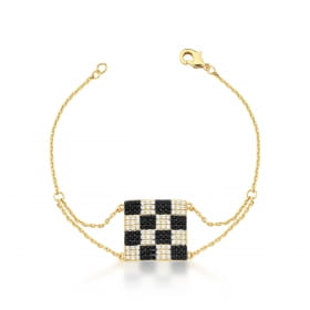 Pulseira com Pingente Quadrado Xadrez Banhada a Ródio