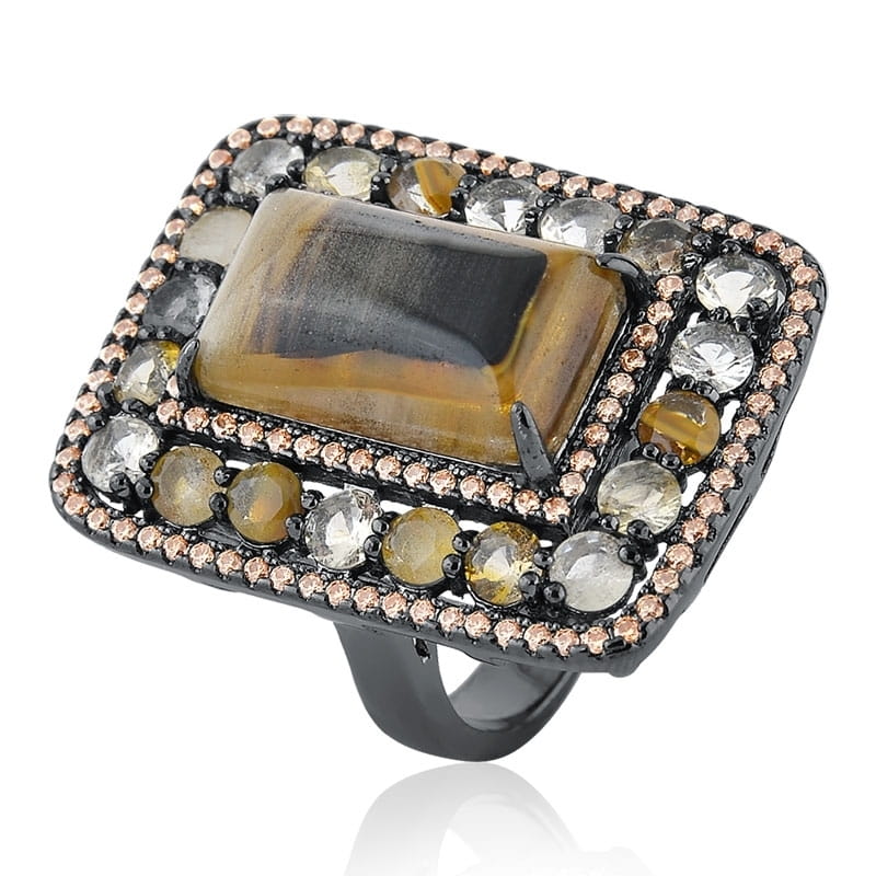 Anel Retangular com Cabochão Rutilado Folheado a Ródio Negro