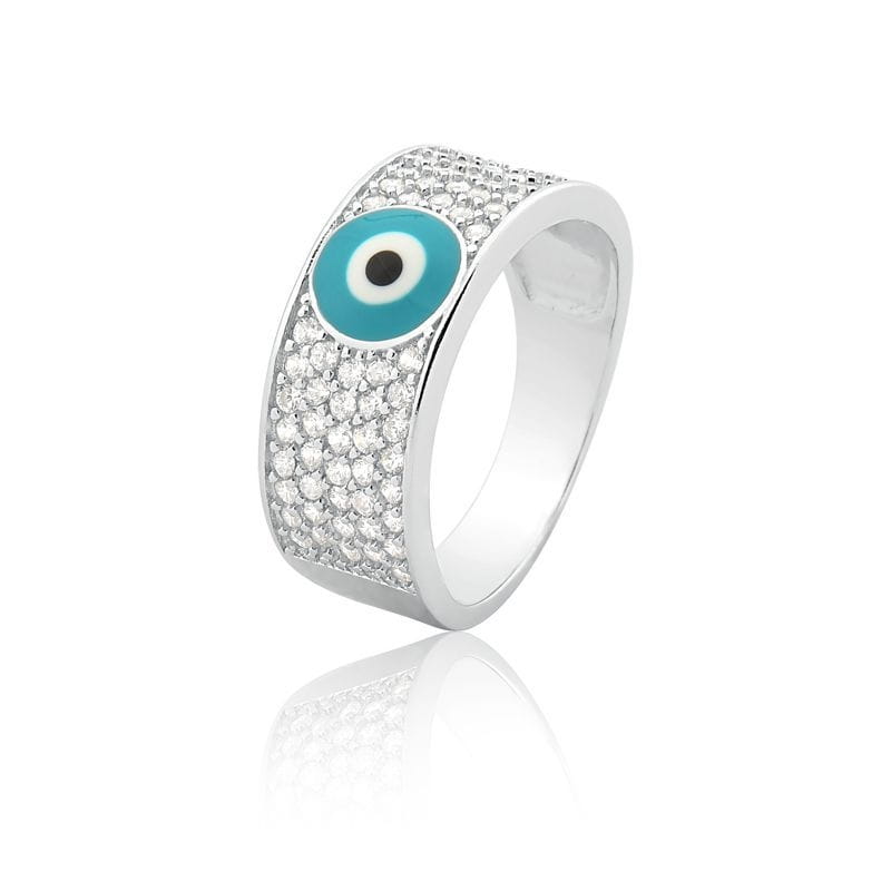Anel com Olho Grego e Fileiras Cravejadas em Prata Rodinada - Zarpellon -  Joias e Semijoias no Atacado