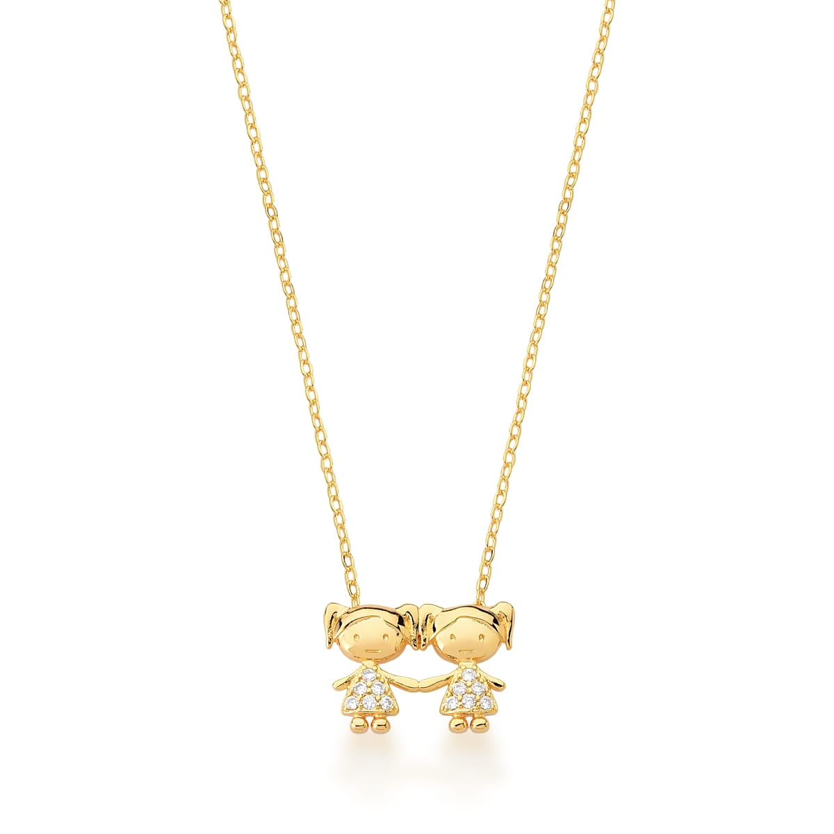 Corrente com Pingente Duas Meninas Branco Banhada a Ouro