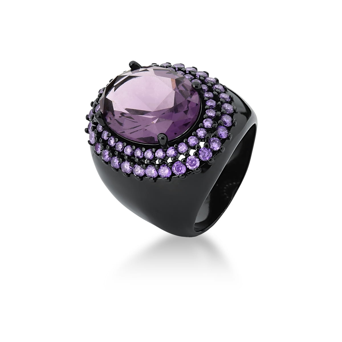 Anel com Cristal Oval Roxo Banhado a Ródio Negro