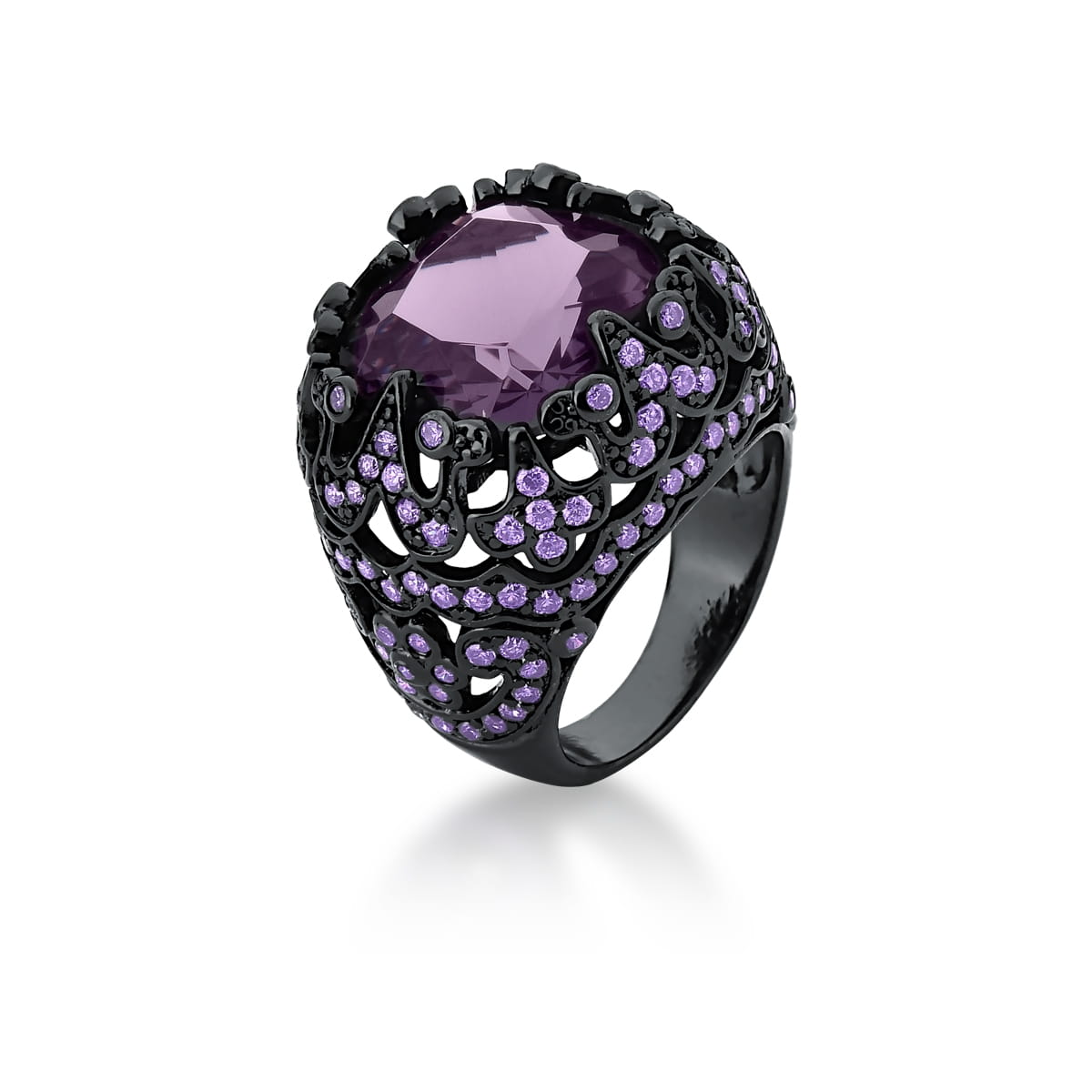 Anel com Cristal Quadrado Roxo Banhado a Ródio Negro