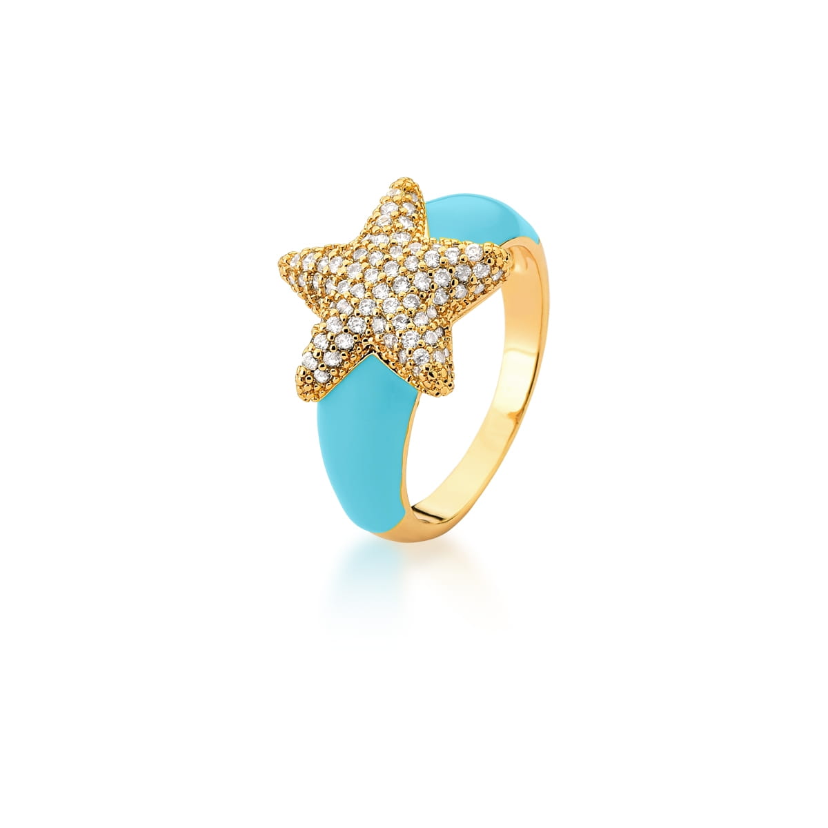 Anel Esmaltado Azul Claro e Estrela do Mar Branca Banhado a Ouro
