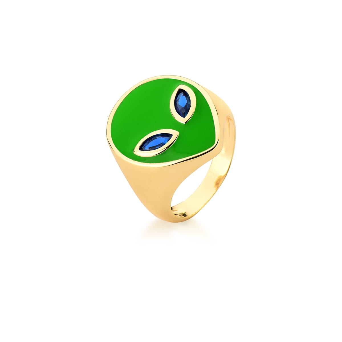 Anel com Imagem de Alienígena Esmaltado Verde Banhado a Ouro