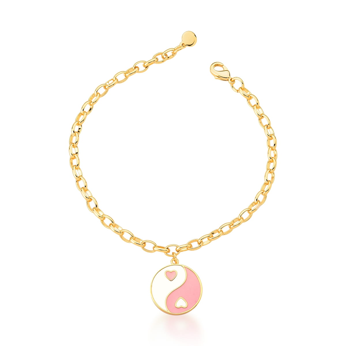 Pulseira com Pingente Ying-Yang Rosa e Branco Banhada a Ouro