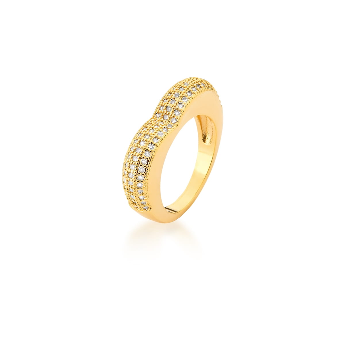Anel de Coração com Três Fileiras de Zircônias Banhado a Ouro