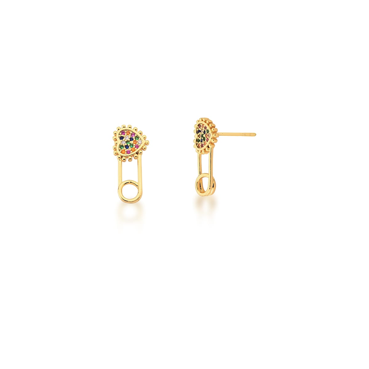 Brinco de Alfinete com Zircônias Coloridas Banhado a Ouro