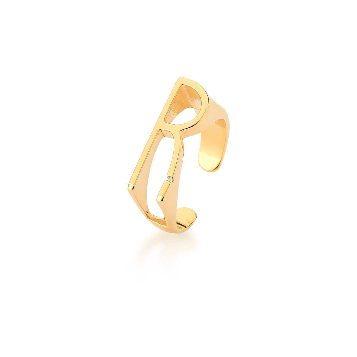 Anel Regulável Letra "R" Liso com Zircônia Branca Banhado a Ouro