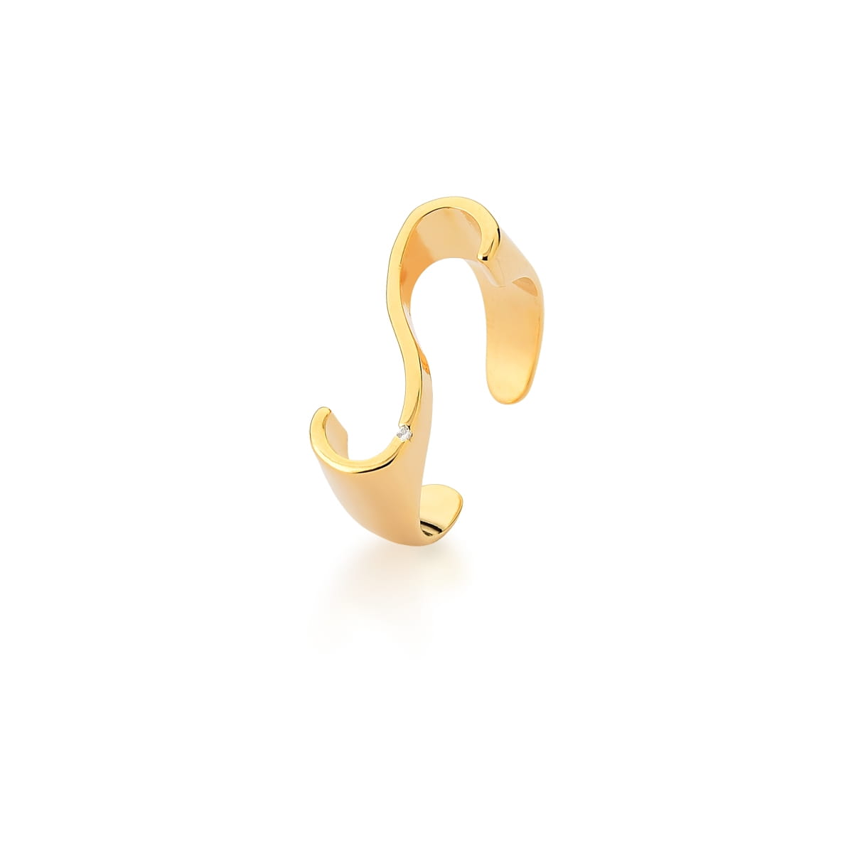 Anel Regulável Letra "S" Liso com Zircônia Branca Banhado a Ouro