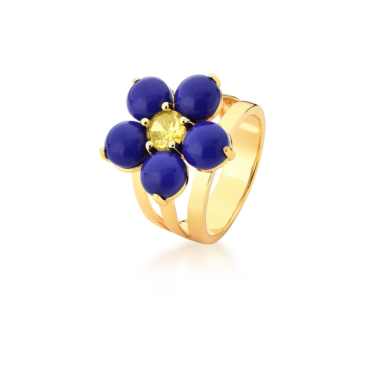 Anel Flor em Resina na Cor Lápis-lazúli Banhado a Ouro
