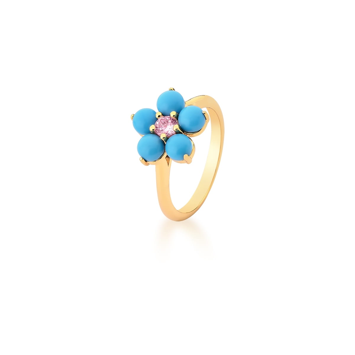 Anel Flor em Resina na Cor Azul Claro Banhado a Ouro