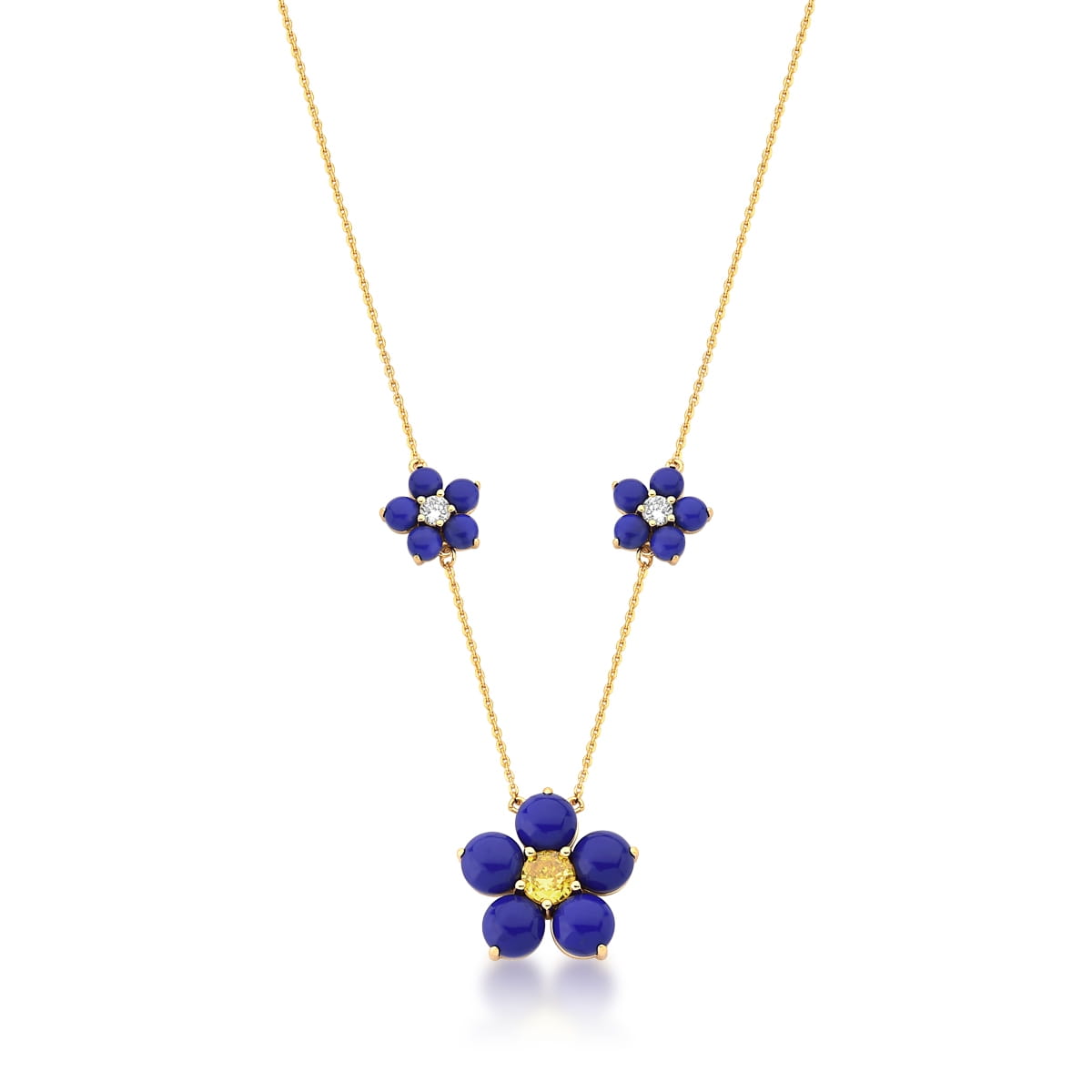 Corrente com Pingente Três Flores Lápis-lazúli Banhada a Ouro