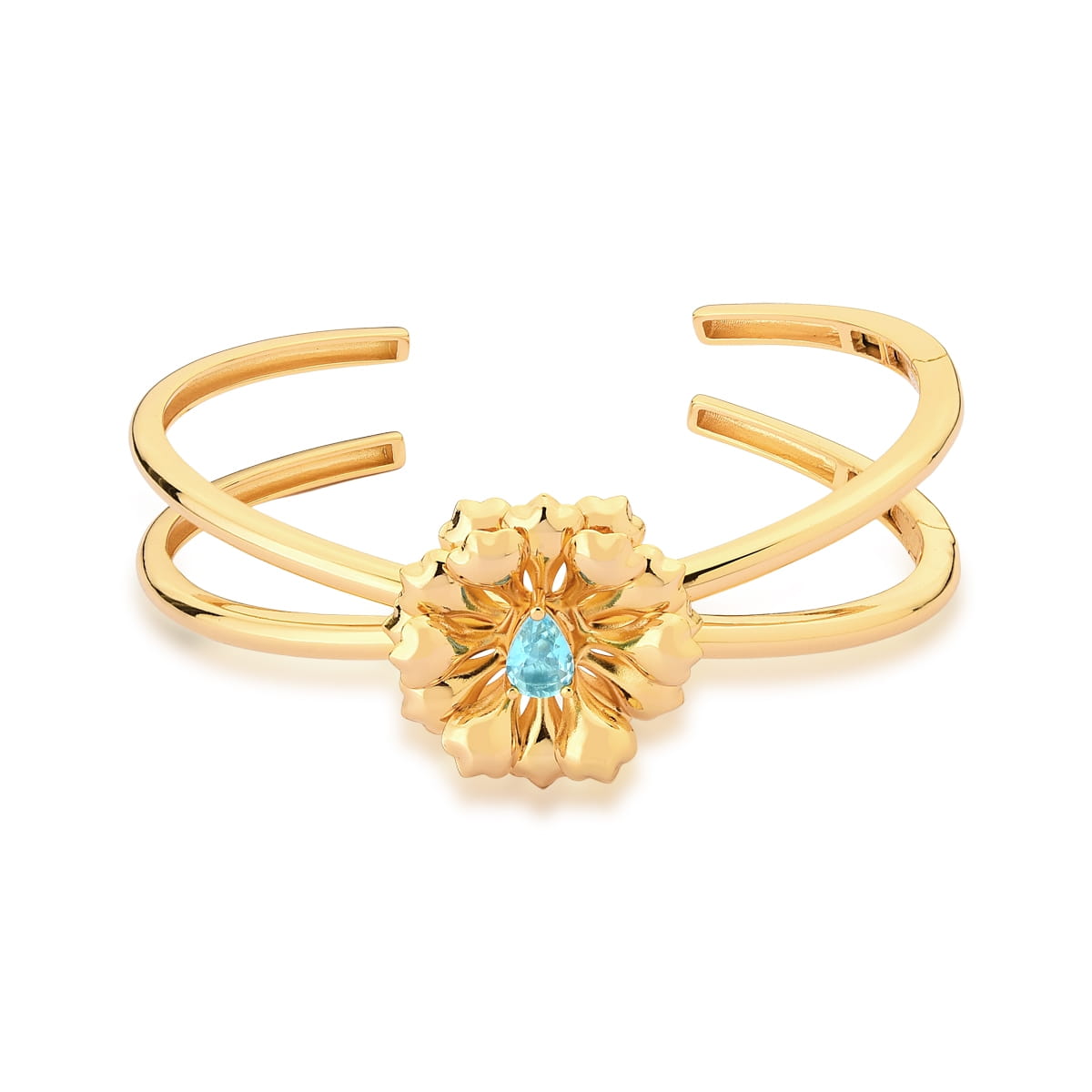 Bracelete Duas Voltas com Flor Lisa Azul Banhado a Ouro