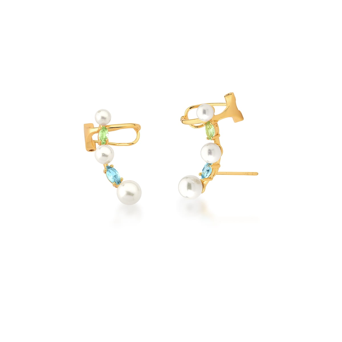 Brinco Ear Cuff na Cor Prasiolita e Água Marinha Banhado a Ouro