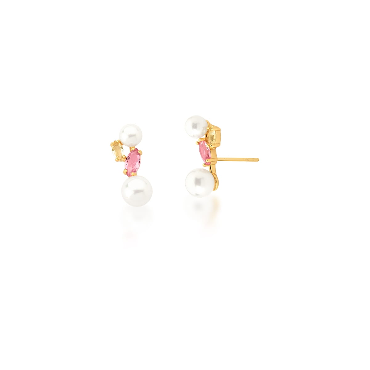 Brinco Zircônias Amarela e Rosa com Pérola Banhado a Ouro