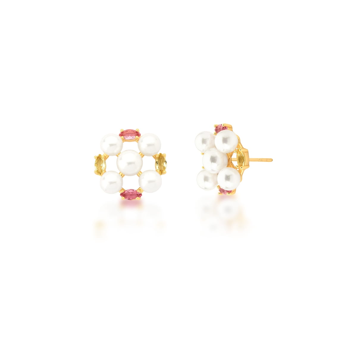 Brinco Flor na Cor Amarela e Rosa com Pérolas Banhado a Ouro