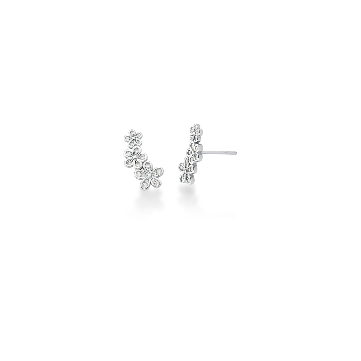 Brinco Ear Cuff com Flores e Zircônias Brancas Prata Rodinada