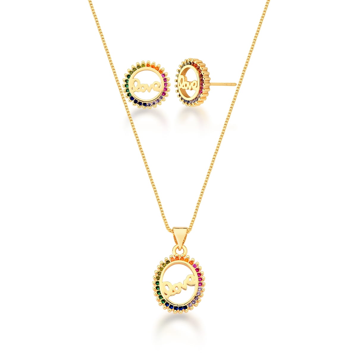 Conjunto Brinco e Corrente com Pingente Love Banhado a Ouro