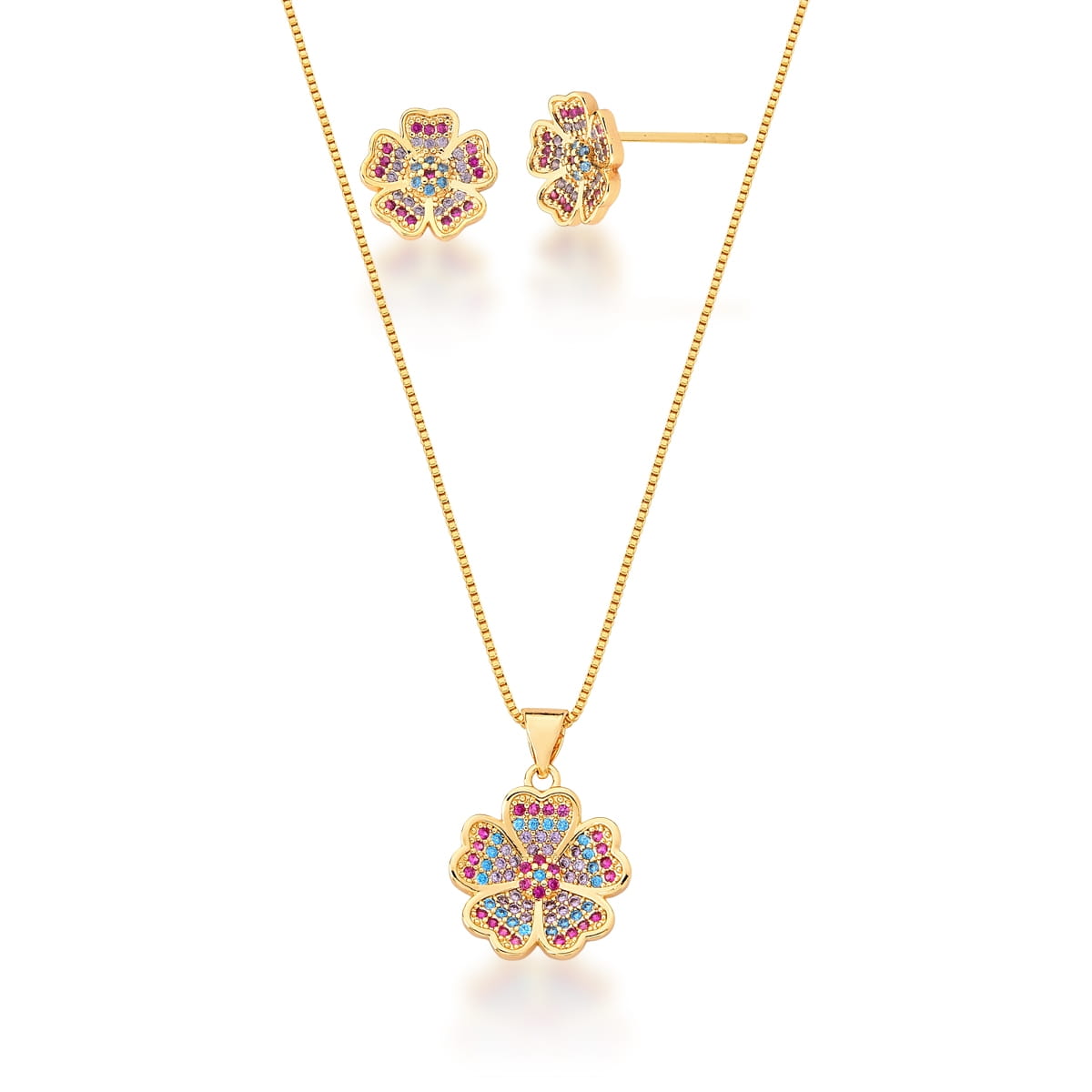 Conjunto Brinco e Corrente com Pingente Flor Banhado a Ouro
