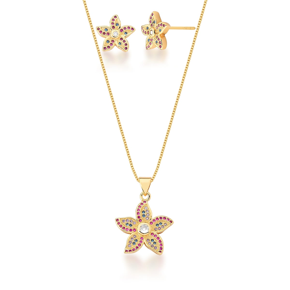 Conjunto Brinco e Corrente com Pingente Flor Banhado a Ouro