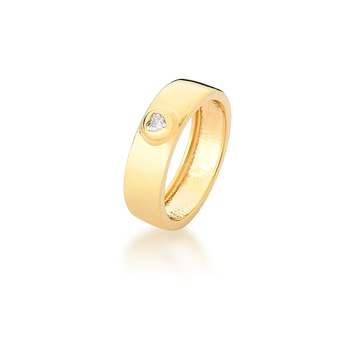 Anel Liso com Zircônia de Coração Branco Banhada a Ouro