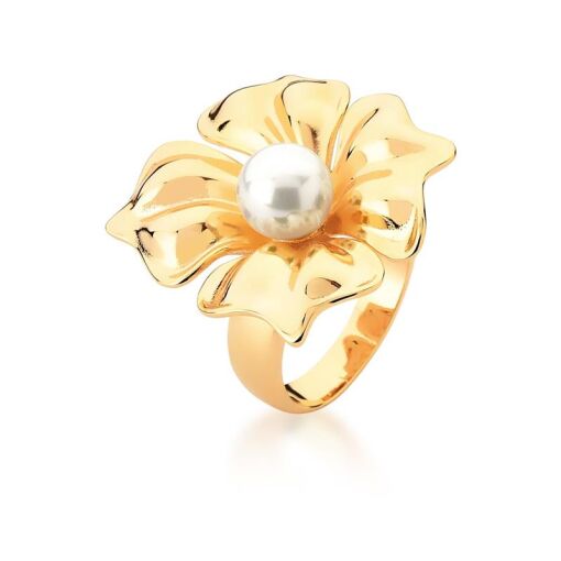 ANEL FLOR LISA COM PÉROLA SHELL BANHADO A OURO