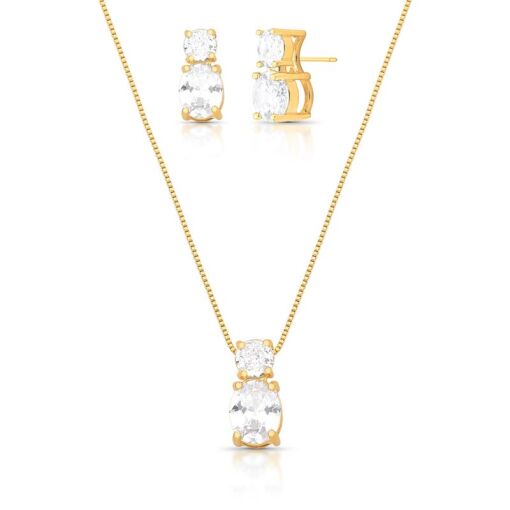 CONJUNTO BRINCO E COLAR COM PINGENTE OVAL EM CRISTAL