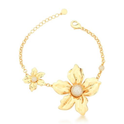 PULSEIRA FLORES LISAS E COM ZIRCÔNIAS BRANCAS BANHADO A OURO