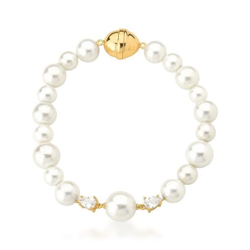PULSEIRA COM PÉROLAS SHELL E ZIRCÔNIAS BRANCAS BANHADA A OURO
